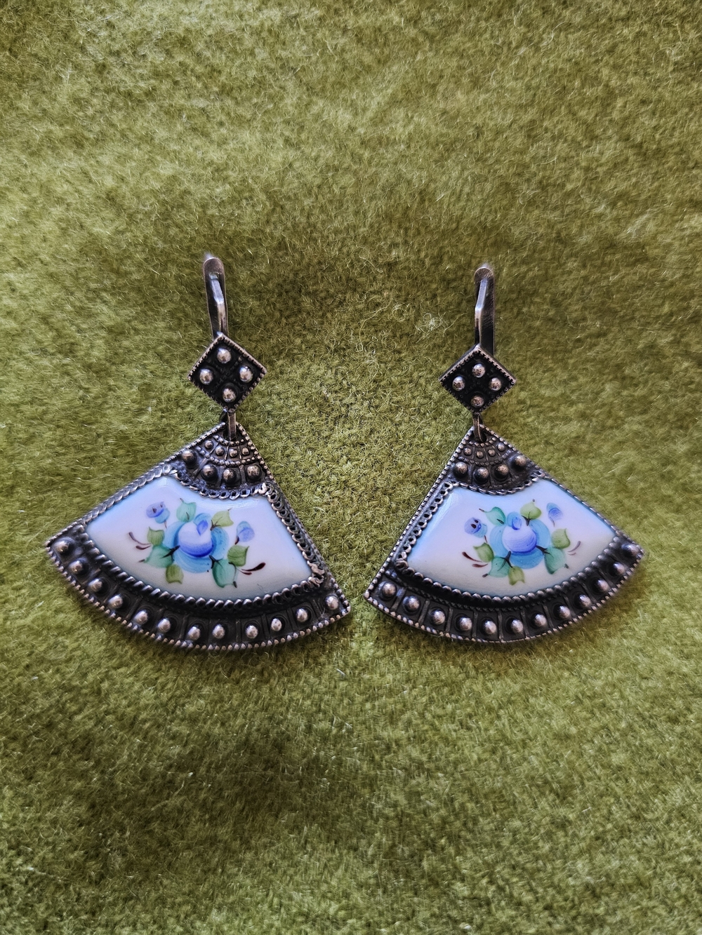 Finift enamel earrings. Hand-Painted Blue Floral Fan Drop Earrings